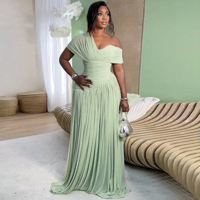 Summer New Style Women's Dress American Sweet Fresh Asymmetrical Neck Off-Shoulder Short Sleeve High Waist Slimming Mid-Length