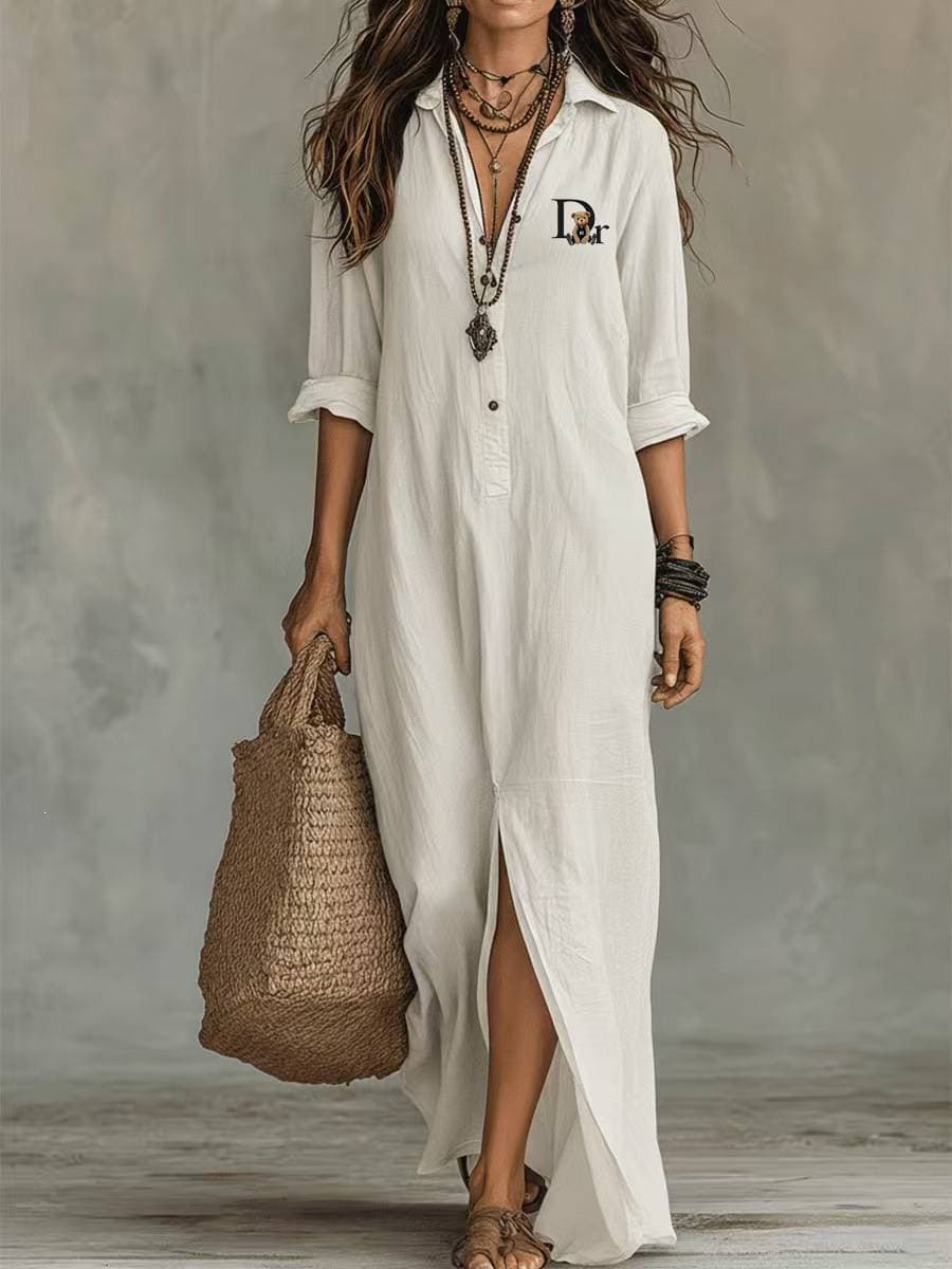Robe longue fendue à col en V pour femme - Tunique de plage style resort - 1