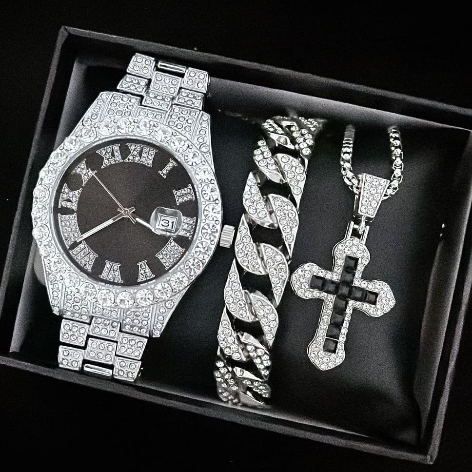Men's Luxury Roman Numeral Quartz Watch Set With Diamond Accents And Matching Bracelet & Cross Necklace Men's Gold Watch Set