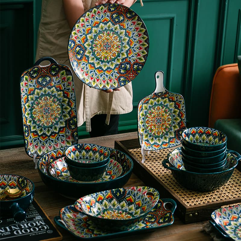Bohemian Ceramic Dinnerware Set – Stone Texture Rice Bowl, Handled Soup Bowls & Plates, Microwave Safe, Handcrafted European Style Tableware For Home