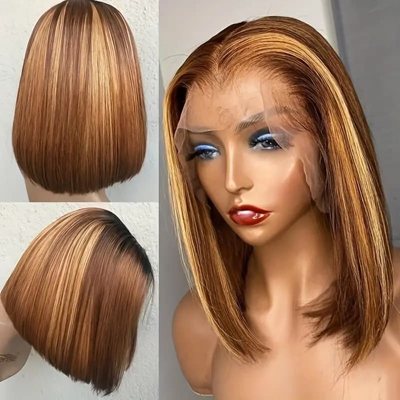 180% 13x4 Human Hair Wig Highlight Short Straight Bob Cut Wig 180% Density 13x4 Lace Front Human Hair Wig Natural Hairline With Baby Hair