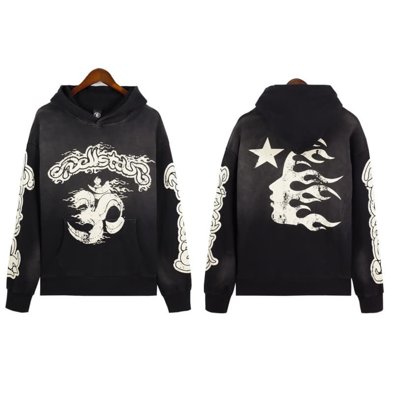 Sweat à capuche décontracté Hellstar délavé et usé avec impression de tête de Heavy Industry