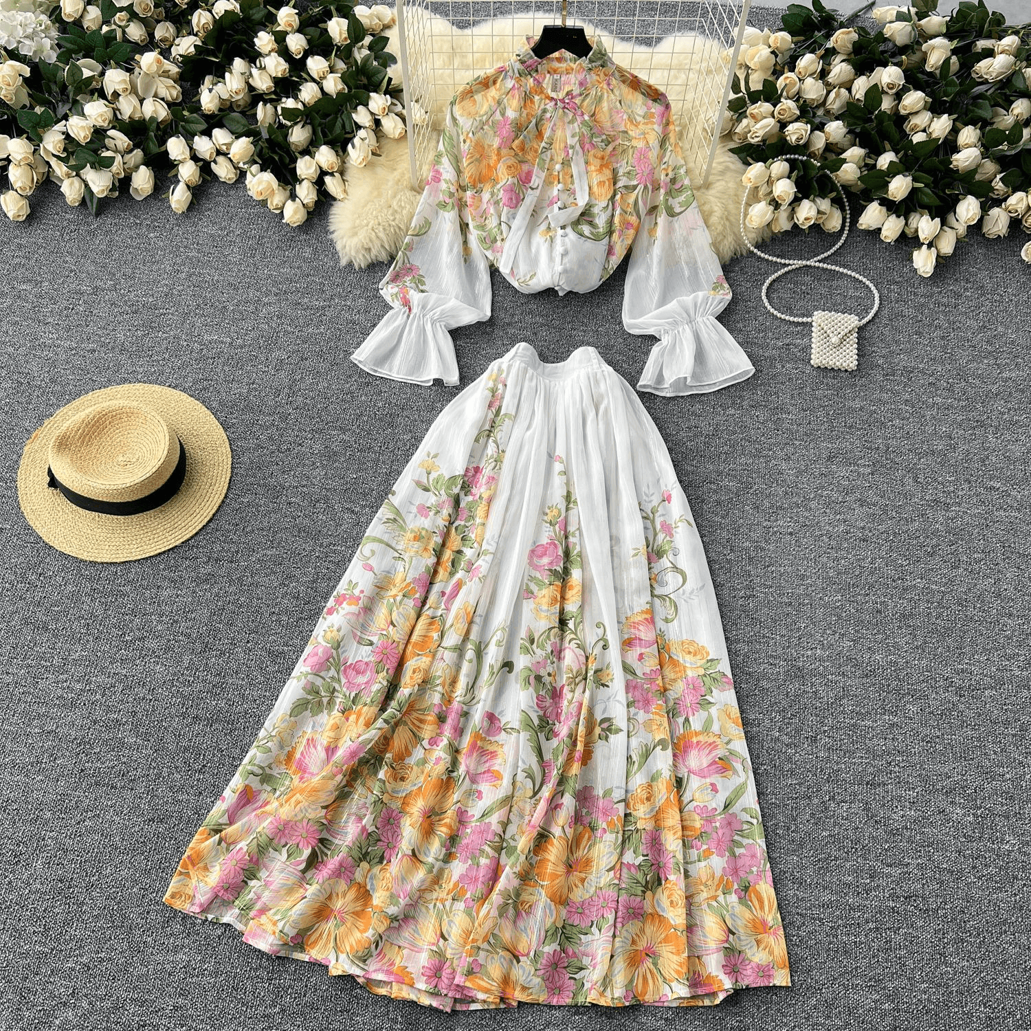 Women's Clothing age reducing long sleeved printed chiffon top high waist long skirt two piece suit for women