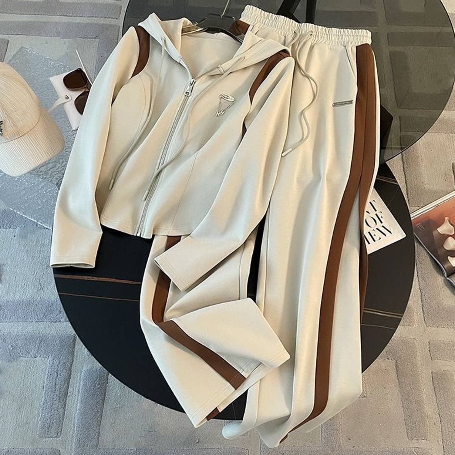 Women's Clothing casual sports suit for women autumn contrast color stitching hooded cardigan jacket wide leg pants two piece suit trendy