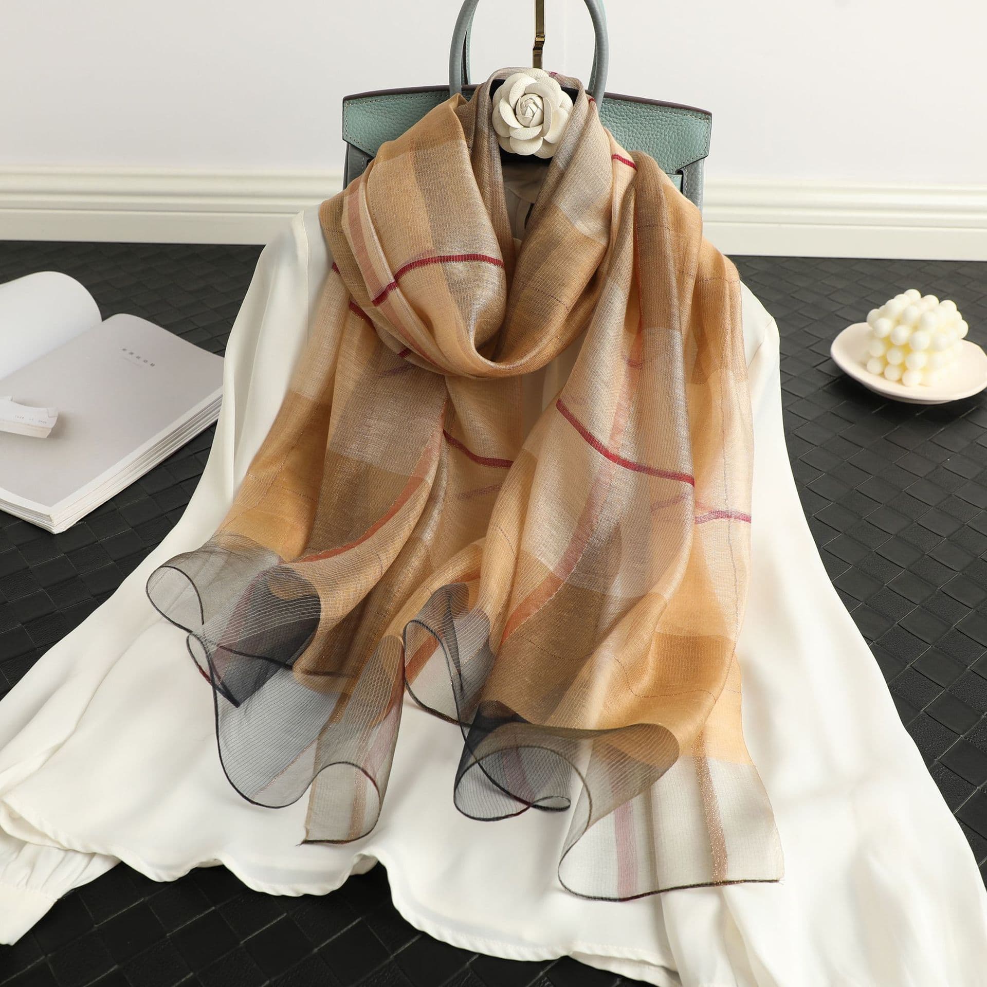 New Plaid Silk Scarf Women's Autumn And Winter Version All-match Mulberry Silk Shawl Silk Wool Scarf Long Dual-use Scarf