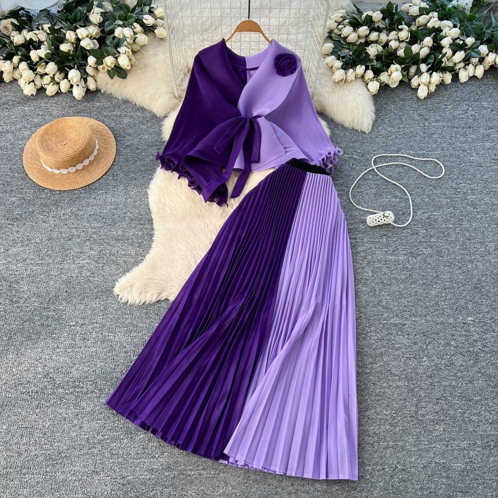 ​​Elegant Sash-Waist Pleated Two-Piece Set – Chic Sleeveless Purple Dress & Skirt Outfit For Fall​​