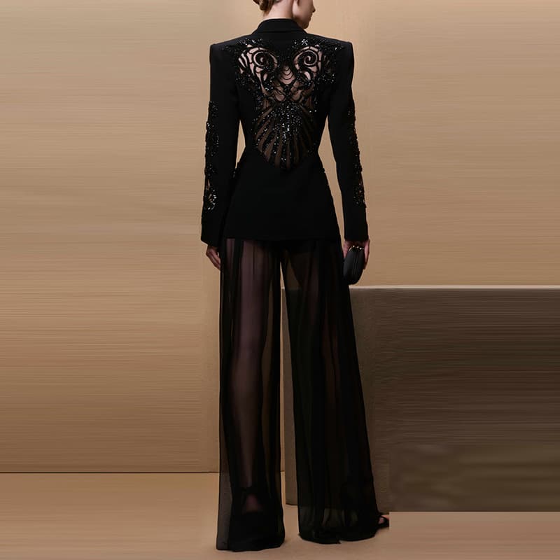 K New European And American Celebrity Fashion Mesh Splicing Heavy Work Beaded Suit Jacket Chiffon Trousers
