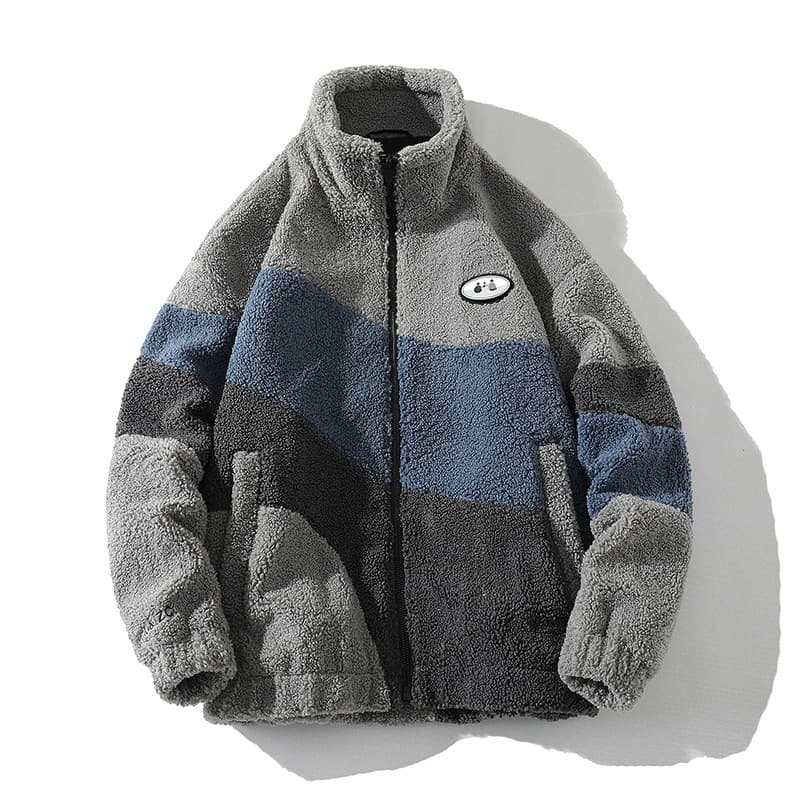 Men's Clothing Autumn And Winter Lambskin Jackets Stand Up Collar Color Matching Loose Warm Jackets