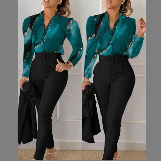 Women's fashion printed long sleeve top solid color pants set with belt