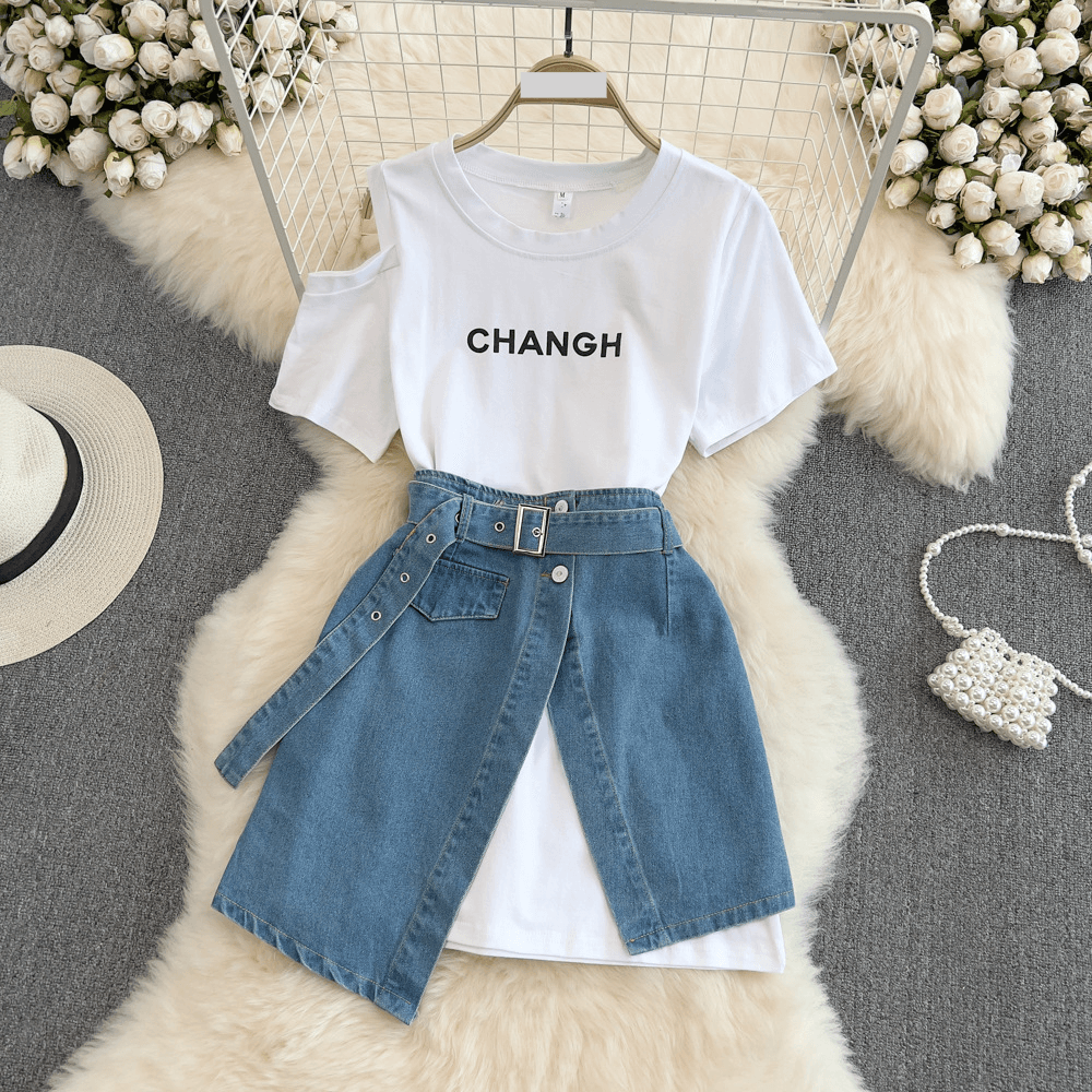 Women's Clothing round neck off-shoulder mid-length T-shirt layered short-sleeved two-piece suit high-waisted denim skirt summer