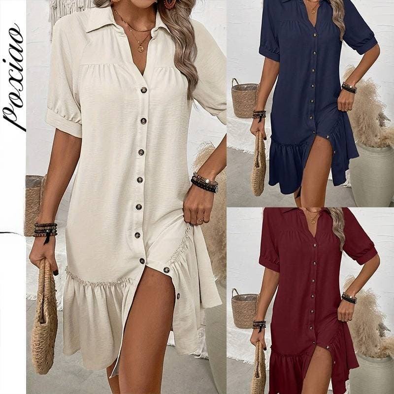 Women's Clothing Single Breasted Puff Sleeve Dress Short Sleeve Dress