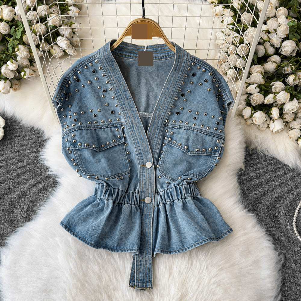 Women's Clothing Denim Vest With Waist Cinching & Rhinestone Details – Sleeveless Light Blue A-Line Vest For Elegant Layering (One Size)