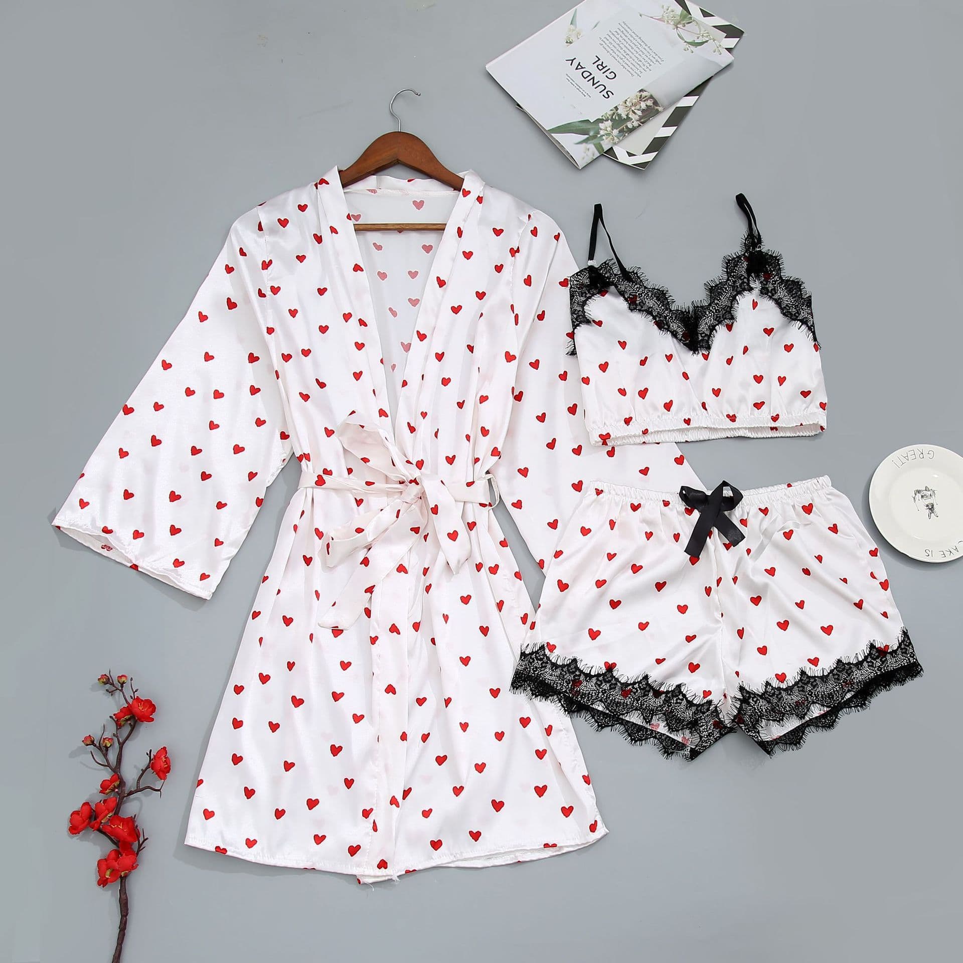 Sexy Stylish Satin Heart Print Three Piece Homewear Set Plus Size Women's Sleepwear American Style Adult Pajamas
