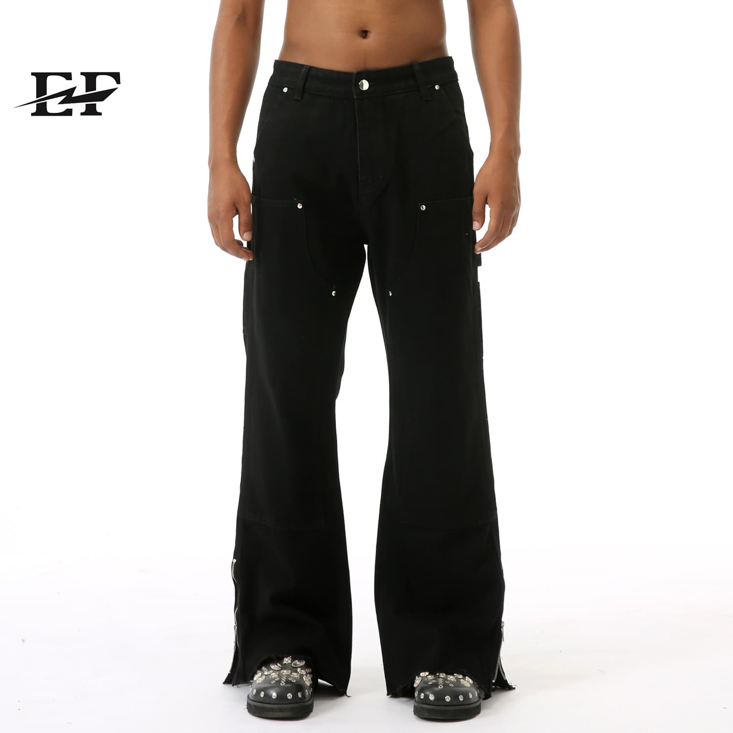 Men's Clothing High Street Raw Edge Side Zipper Design Slightly Flared Wide Leg Jeans