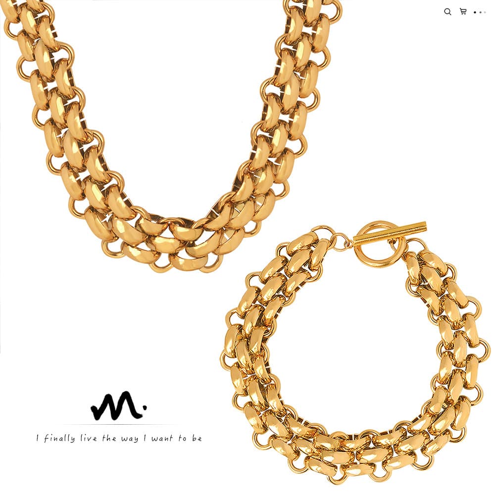 Cold Wind Exaggerated Trendy Cool Elegant Jewelry Set Buckle Design Thick Chain Personality Necklace Versatile Gold Plated Bracelet
