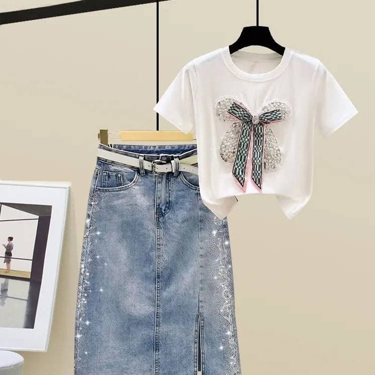 Women's Clothing new slim fit bow short sleeve + hot diamond split denim skirt ins