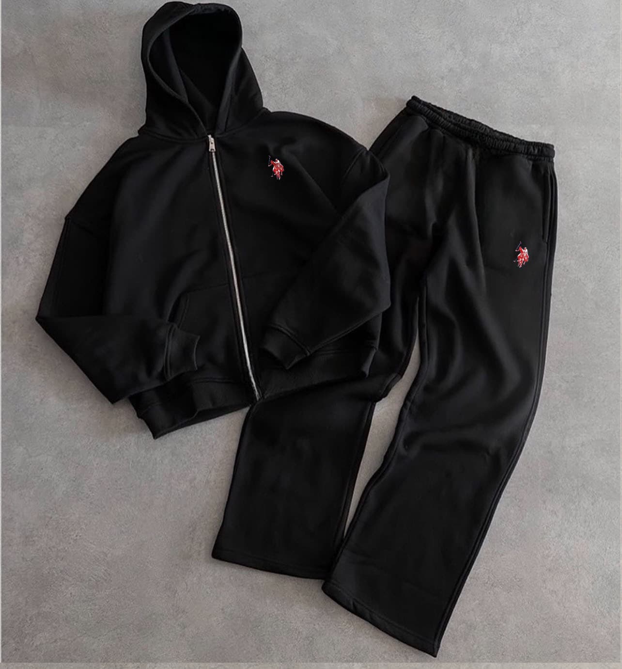 Navy Blue Hooded Sweatshirt Set, Winter Fleece Pullover With Double Zipper & Pony Embroidery, Casual Two-Piece Outfit