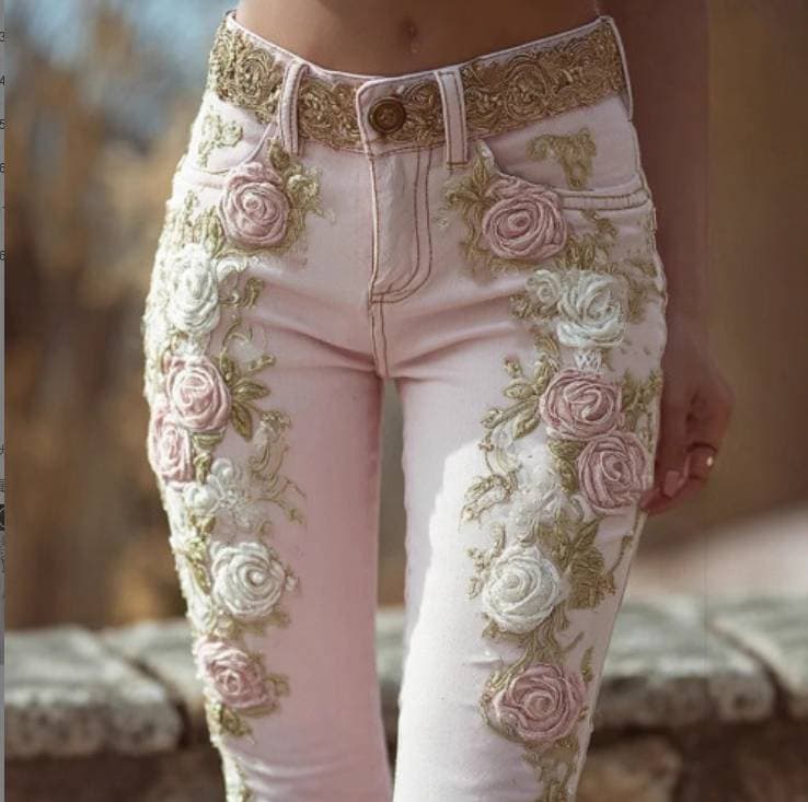 Women's Vintage Pink Rose Embroidery Art Print Jeans Are Elegant
