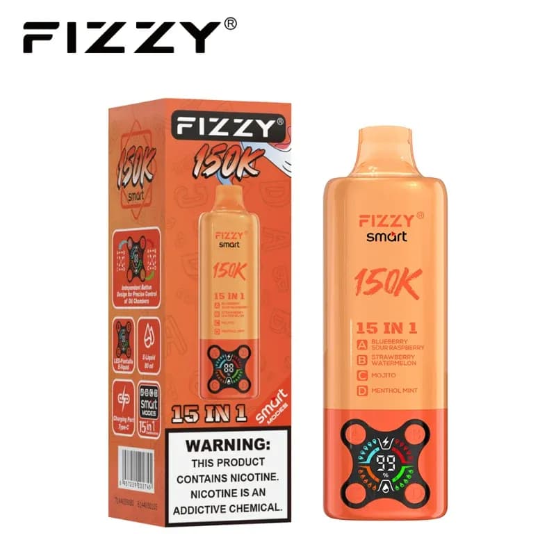Vape rechargeable 4 en 1 Fizzy Smart 150K, écran numérique, 15 combinaisons de saveurs, 80 ml, 2 % de nicotine