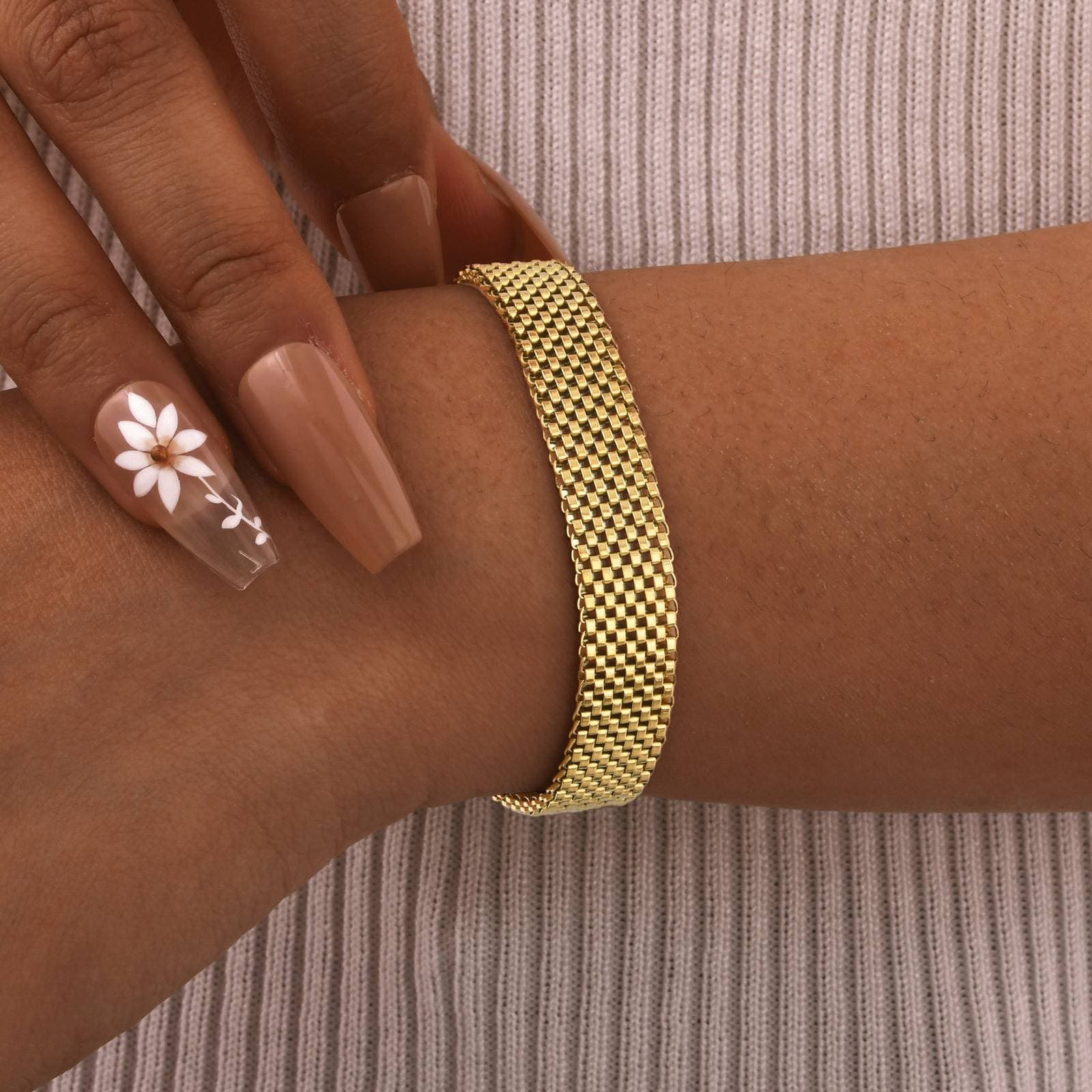 Women's Jewelry Stainless Steel Smooth Mesh Bracelet With Gold Plated 10MM Wide Band, Geometric Design For Everyday Wear And Gifting