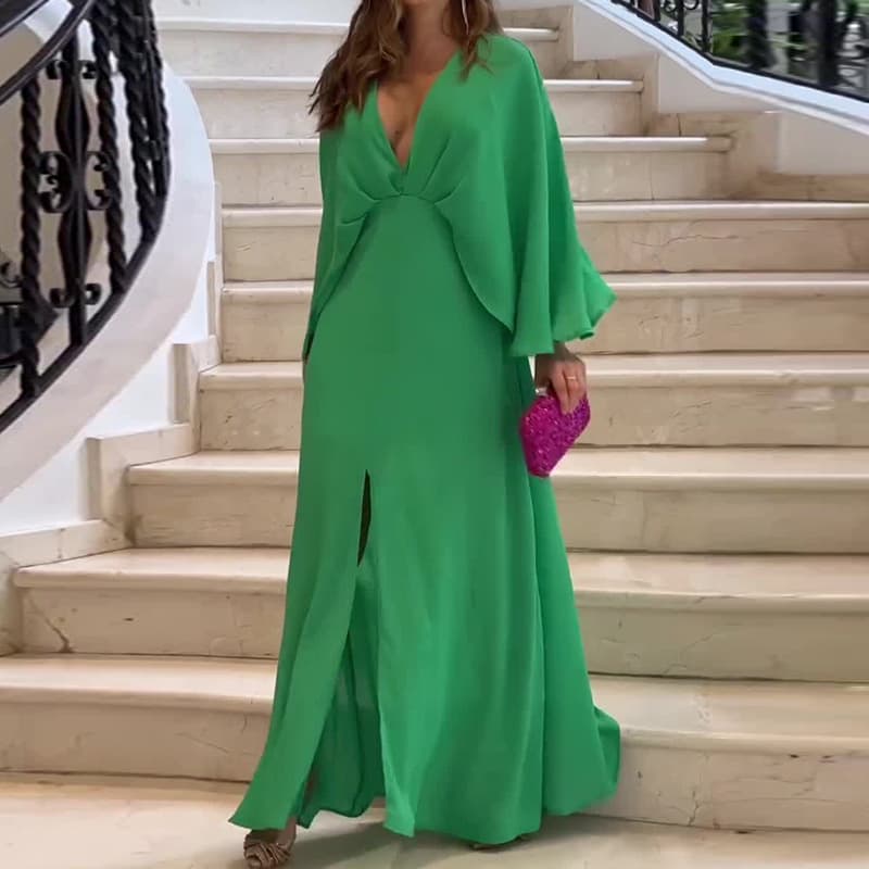 Women's casual light luxury home deep V solid color loose dress