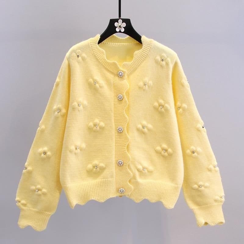​Knit Cardigan – Embroidered Floral Open Front Sweater (One Size, Cream/Navy/Yellow/Pink/Red)​