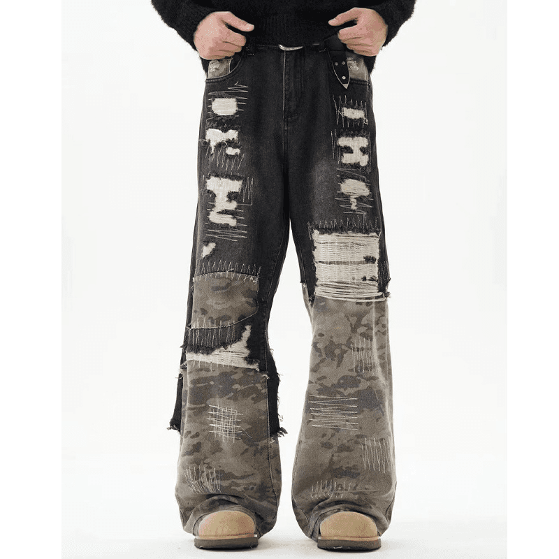 Men's Clothing high street retro stitching camouflage jeans heavy wear and tear old design trendy brand loose casual trousers