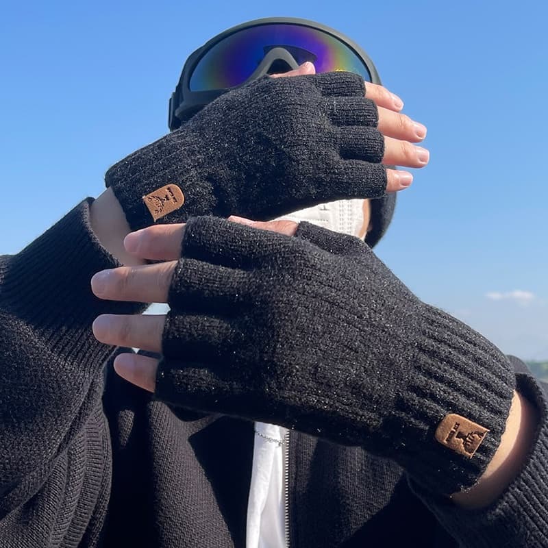 Pulse Warm Half-Finger Men, Winter Half-Length Cycling And Driving, Thick Knitted Wool Fingerless Gloves For Cold Protection