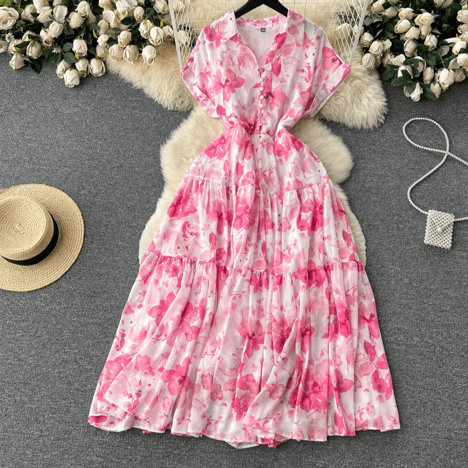 Women's Clothing Chiffon Print Holiday Style Dress For Women Summer New Style Waist Slimming Elegant Large Hem A Skirt