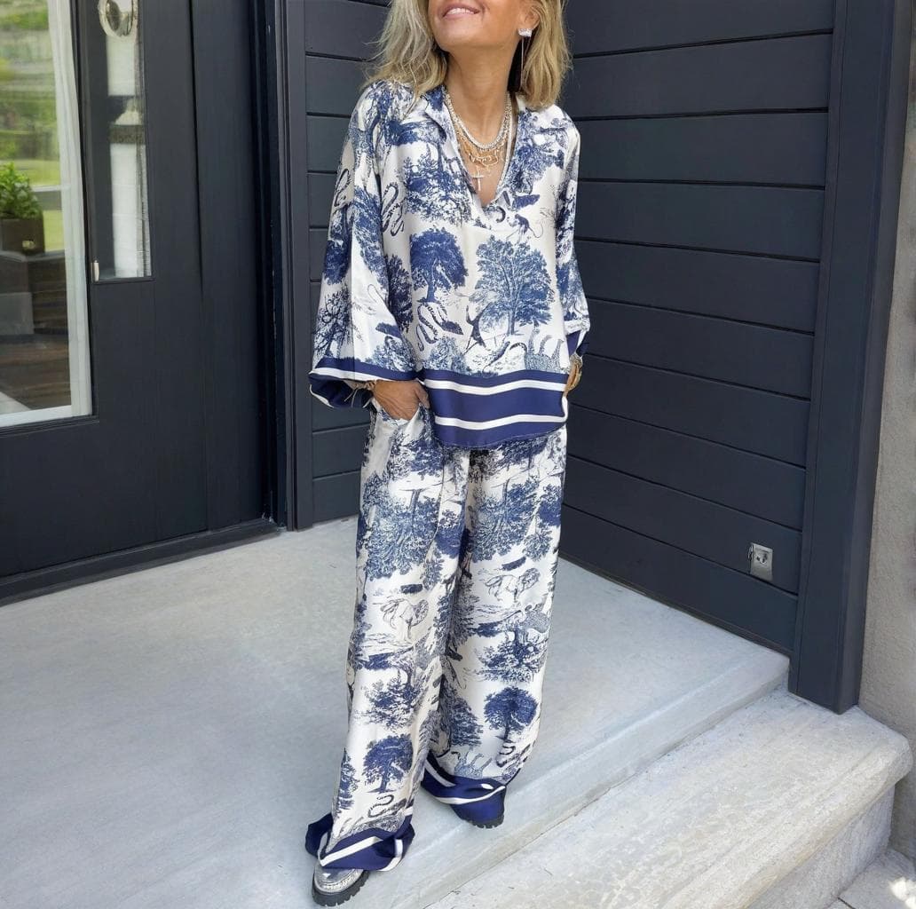 Women's Clothing V Neck Printed Long Sleeve Pocket Casual Suit Two Piece Set