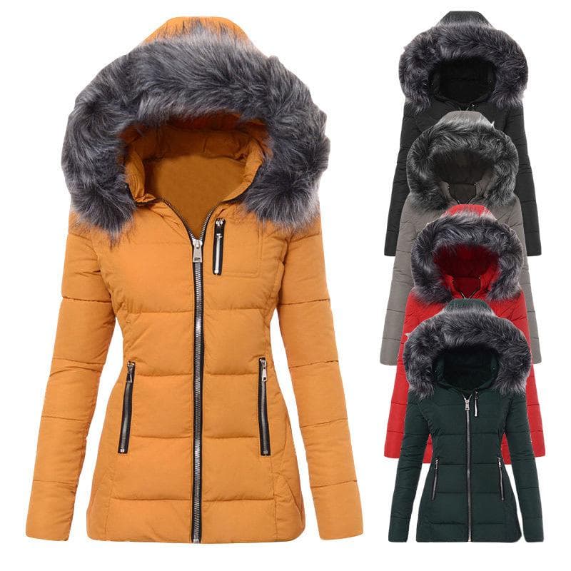 Women's Clothing Faux Fur Trim Puffer Jacket – Slim Fit Winter Coat With Zipper & Stylish Collar