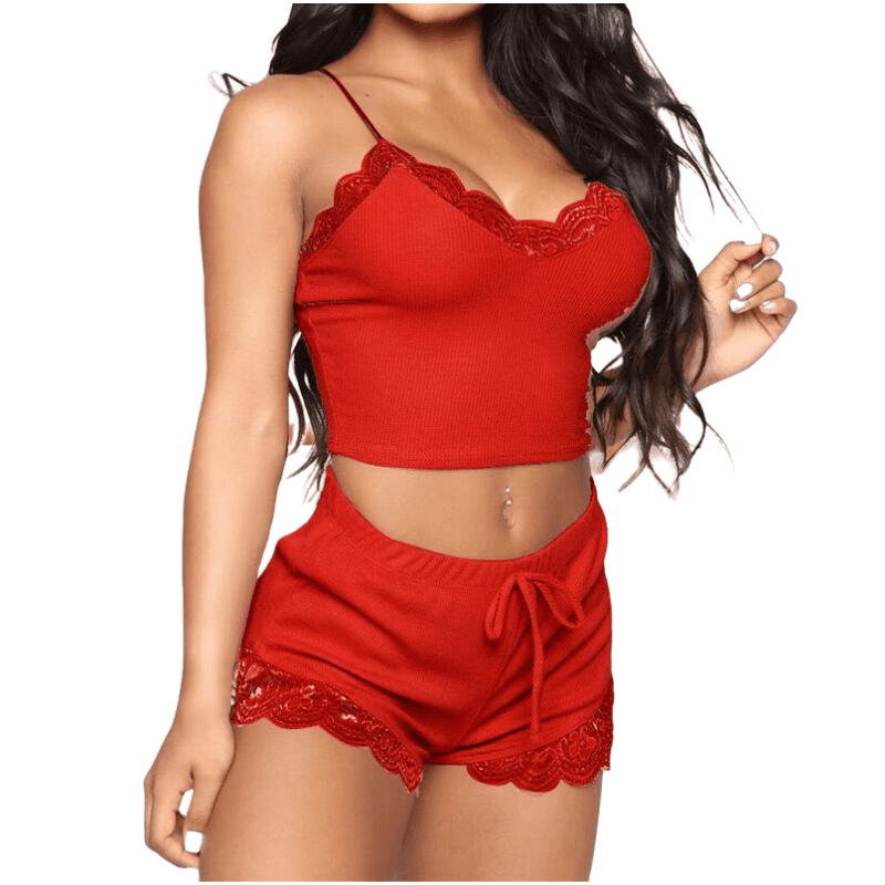 2023 Sexy Women Lace Pama Sets Sleeveless Strap Sleepwear 2pcs Trim Satin Top Nightwear Nightgowns Lingerie Pijamas
