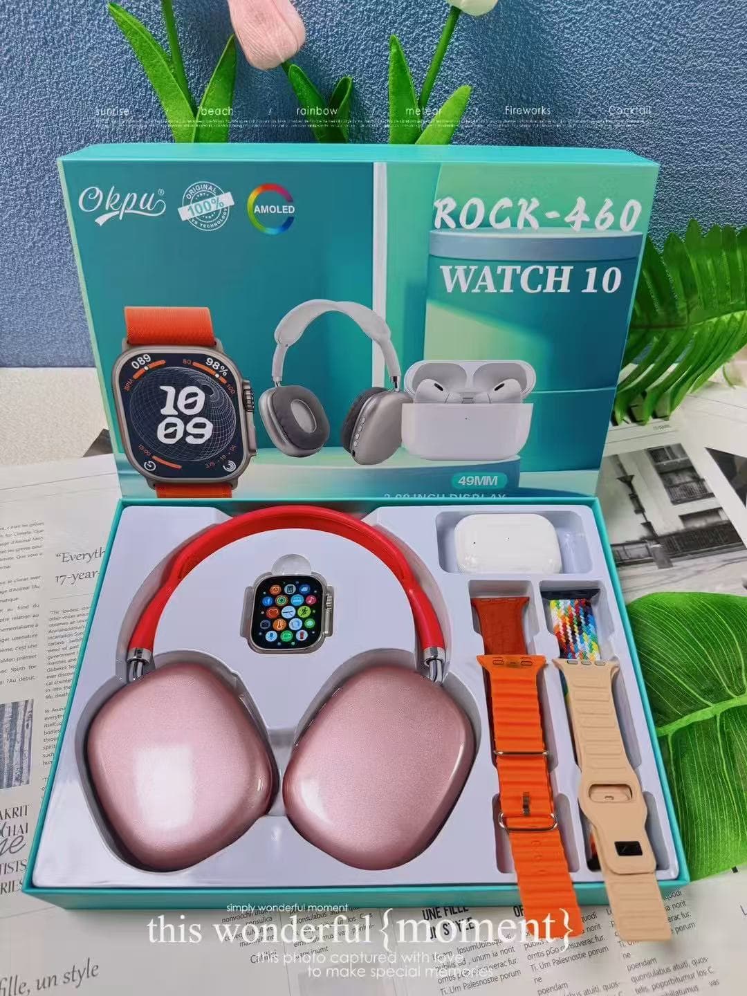 Montre connectée Ultra, écouteurs et casque Bluetooth, étui à sangles 4 pièces