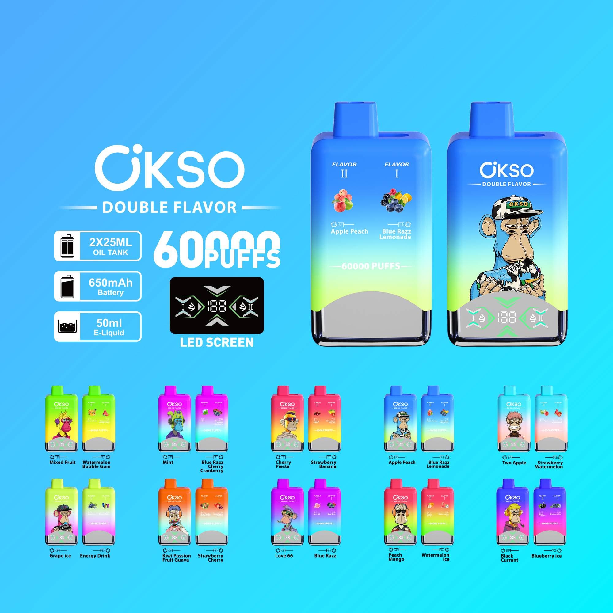 Lot de 10 cigarettes électroniques jetables OKSO à double réservoir, saveurs mixtes, 60 000 bouffées, 60 000 bouffées, originales