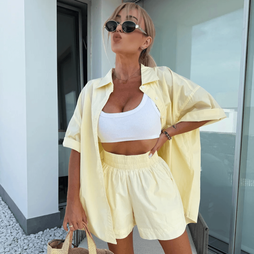 Women's Clothing Spring And Summer Casual Women's Suit Solid Color Short Sleeved Shirt Elastic Sports Shorts Two Piece Suit