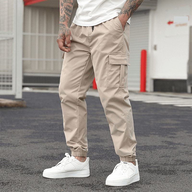 Men's Casual Cargo Pants With Drawstring Waist Multi-Pockets Lightweight Polyester Cotton Blend, Straight Leg Tactical Pants For Outdoor Work Travel