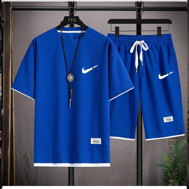 Gaufre T-shirt hommes deux pièces ensemble Couple ample mode grande taille 5/4 pantalon extérieur décontracté