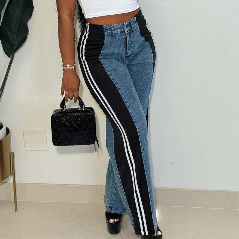 Women's Clothing new fashion temperament splicing striped casual high waist wide leg denim trousers price