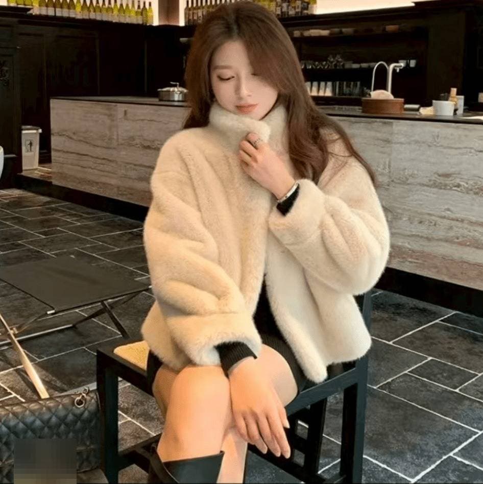 ​​Faux Fur Short Coat For Women – Stylish Stand Collar Winter Jacket (One Size, Cream/White/Black/Brown)​​