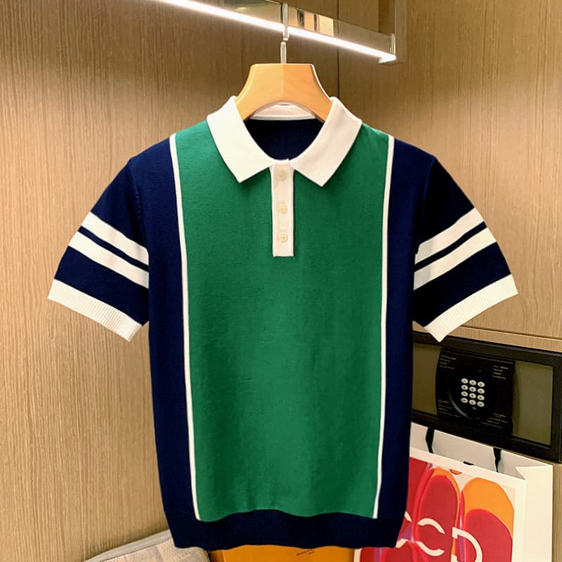 Men's Clothing Light Luxury Business Casual Men's Short Sleeved T Shirt Youth Fashion Splicing Knitted Tops Slim Polo Shirt Men