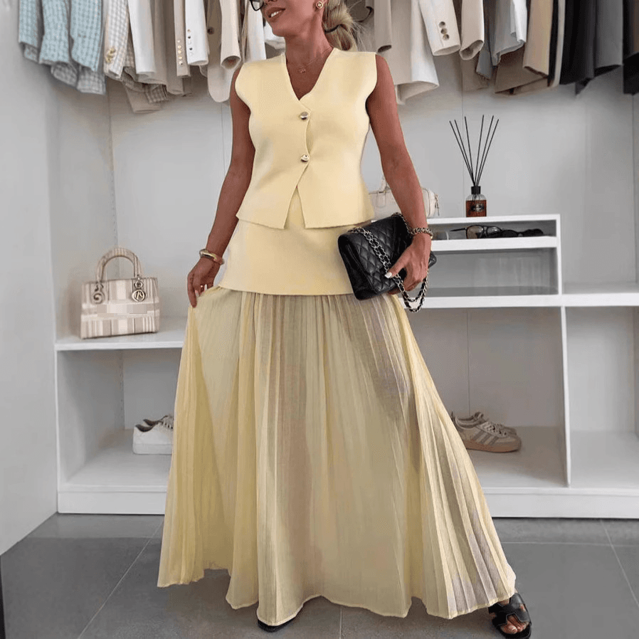 Women's Clothing Temperament Slim Knitted Vest Top Tulle Splicing Pleated Long Skirt Fashion Suit