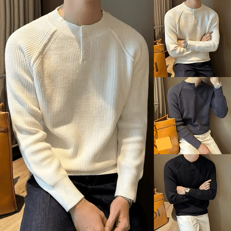Men's Clothing Autumn And Winter New Style Henley Collar Long Sleeve Knit Sweater Men's Light Mature Business Slim Bottoming Shirt