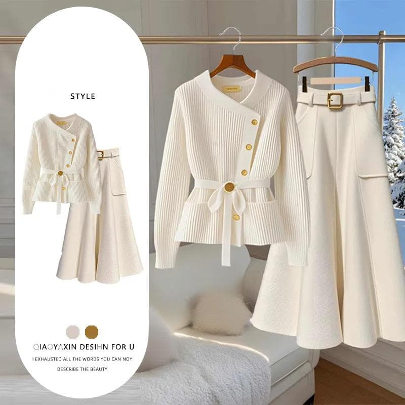 Women's Clothing Elegant Knit Sweater & High-Waist Skirt Set - Chic Office Wear For Women, Comfortable & Stylish, Plus Size Options Available​​