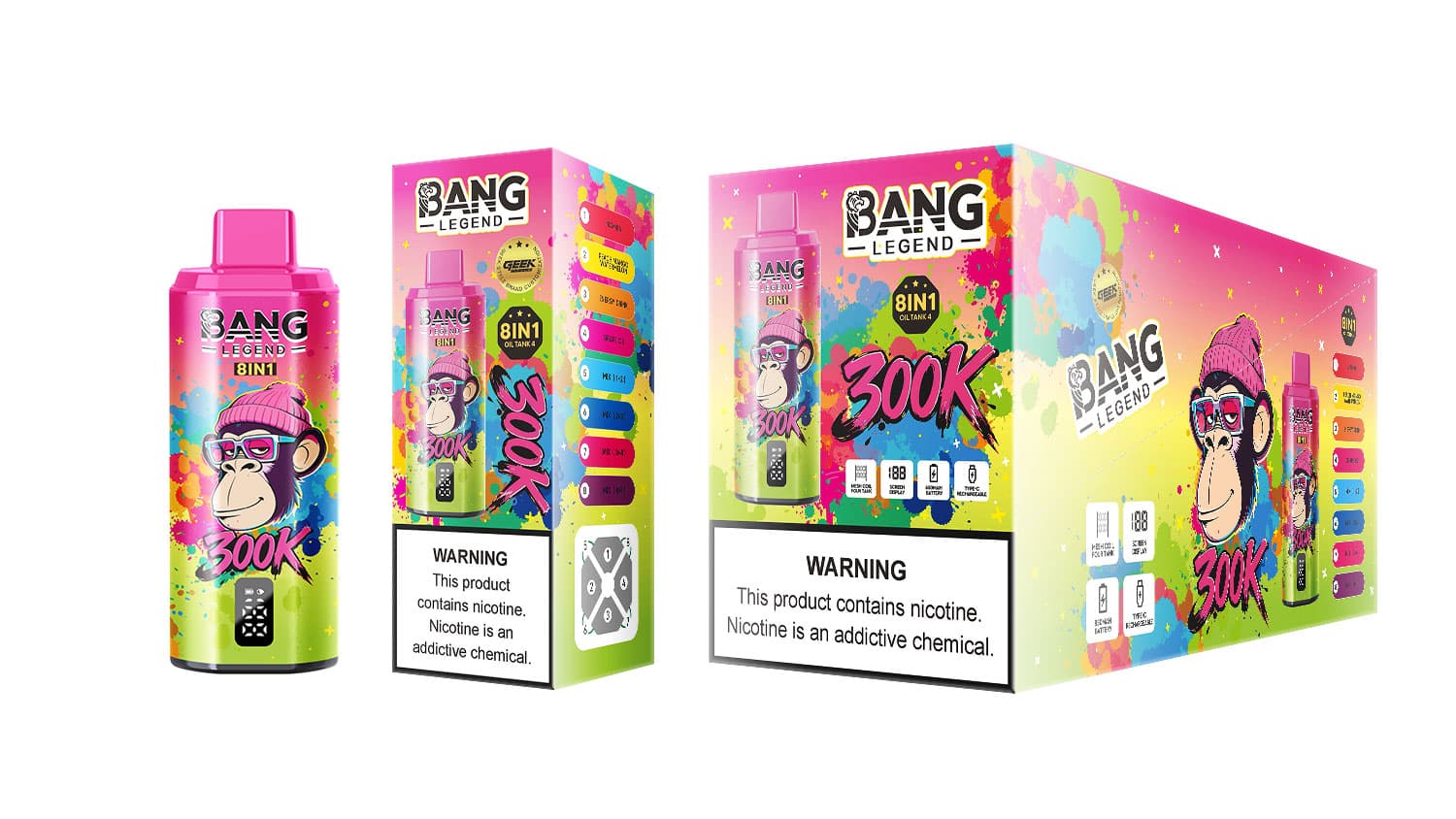 Bang Legend 300K 8 en 1 Vape jetable à huile de chicha, réservoir, 4 grands écrans numériques de comptage des bouffées, charge rapide USB-C, bat