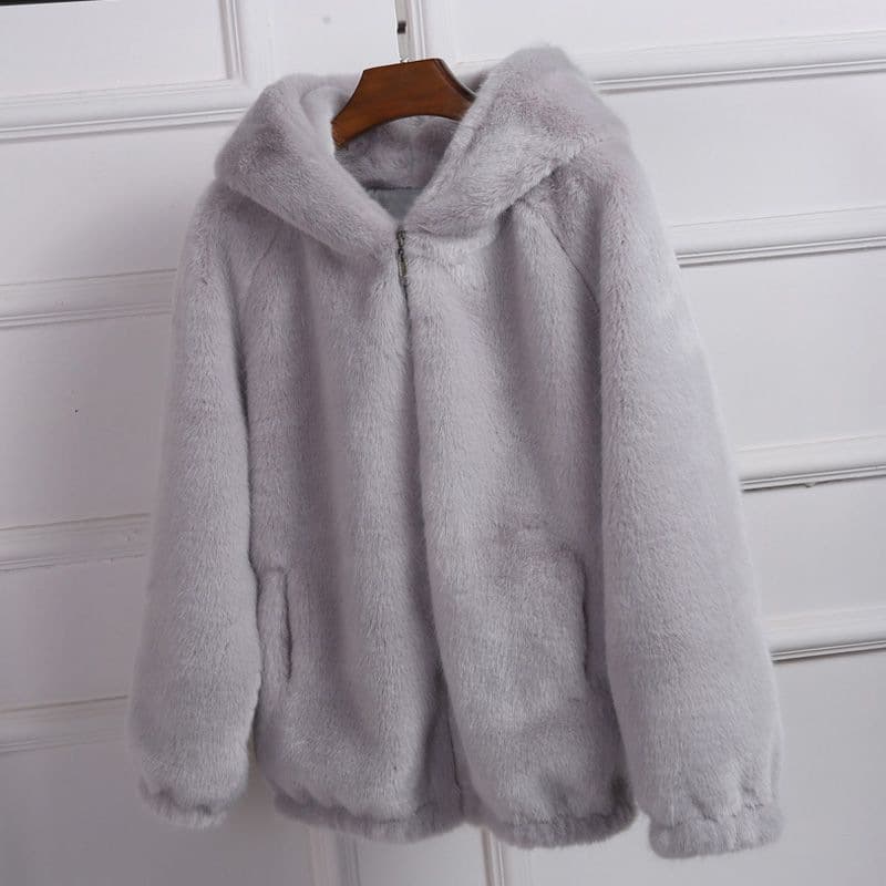 ​​"Double-Sided Fleece Hooded Jacket - Oversized Plush Zip-Up Coat (Gray/Pink/White) S/M/L/XL"​​