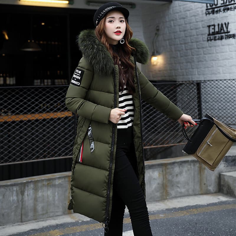 Women's Clothing Cotton-padded Jacket With Large Fur Collar, Mid-length Slim-fitting Thickened Fashionable Over-the-knee Down-padded Jacket