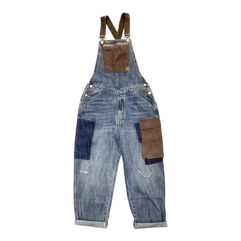 Men's Clothing pants contrast color denim workwear large pocket overalls men's casual one piece suspenders long