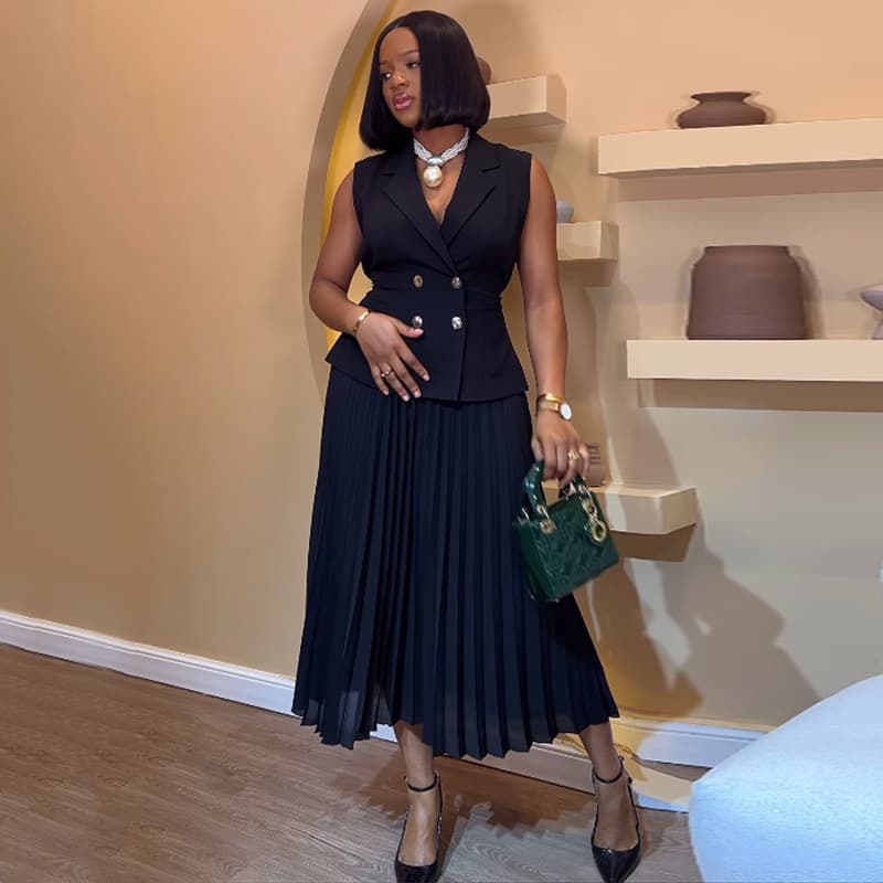 women's clothing temperament suit collar vest top pleated skirt casual suit