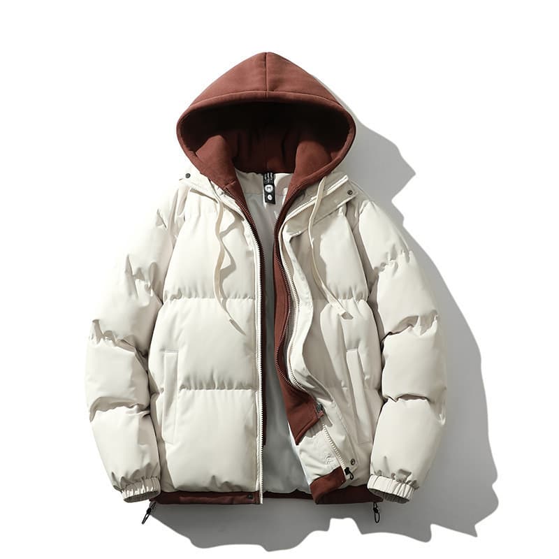 Unisex Winter Puffer Jacket – Thickened Two-Tone Colorblock Coat With Detachable Hood (S-3XL, Black/Beige/Sky Blue/Mint/Coffee/Dark Gray)