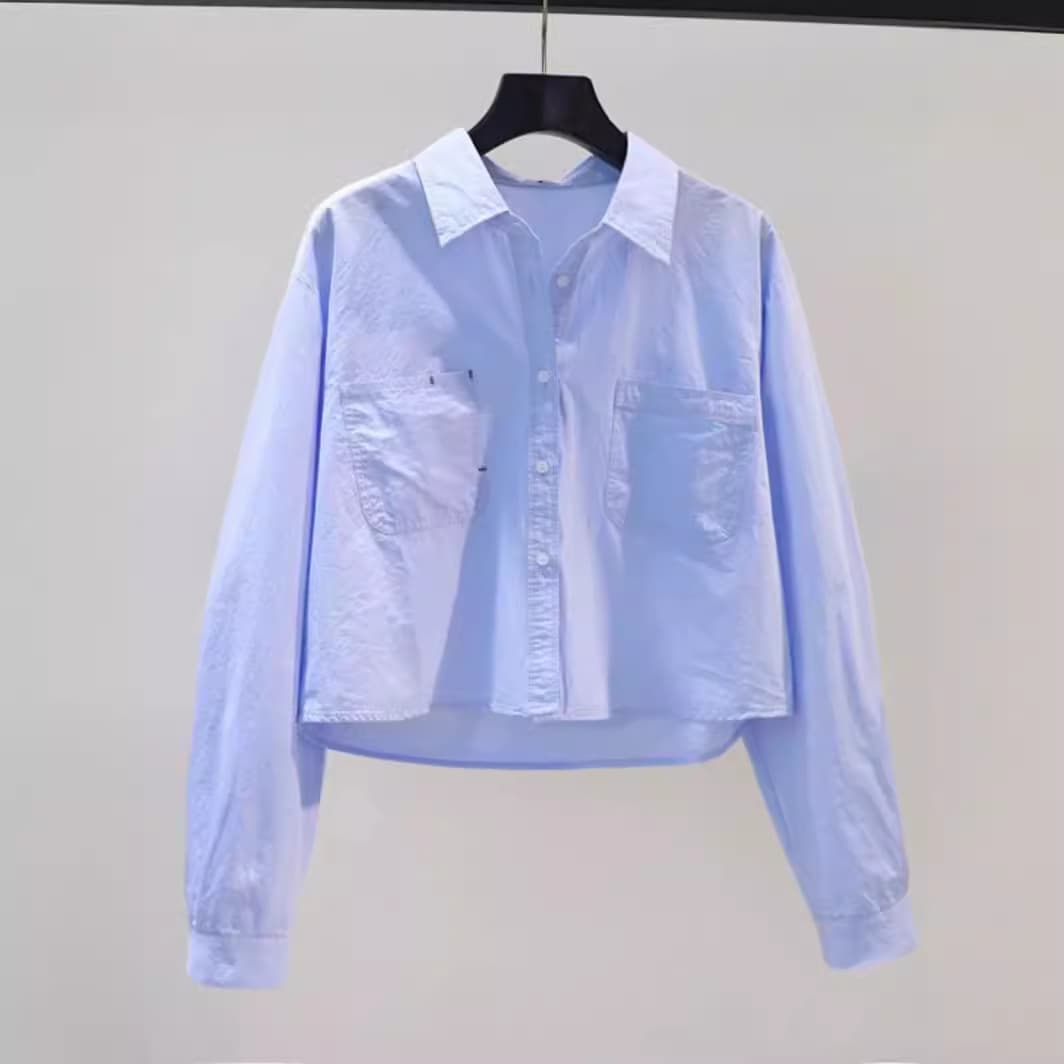 Women's Clothing Spring And Autumn Fashion Small Light Blue Short Shirt Women's Double Pocket Loose Long Sleeve Shirt